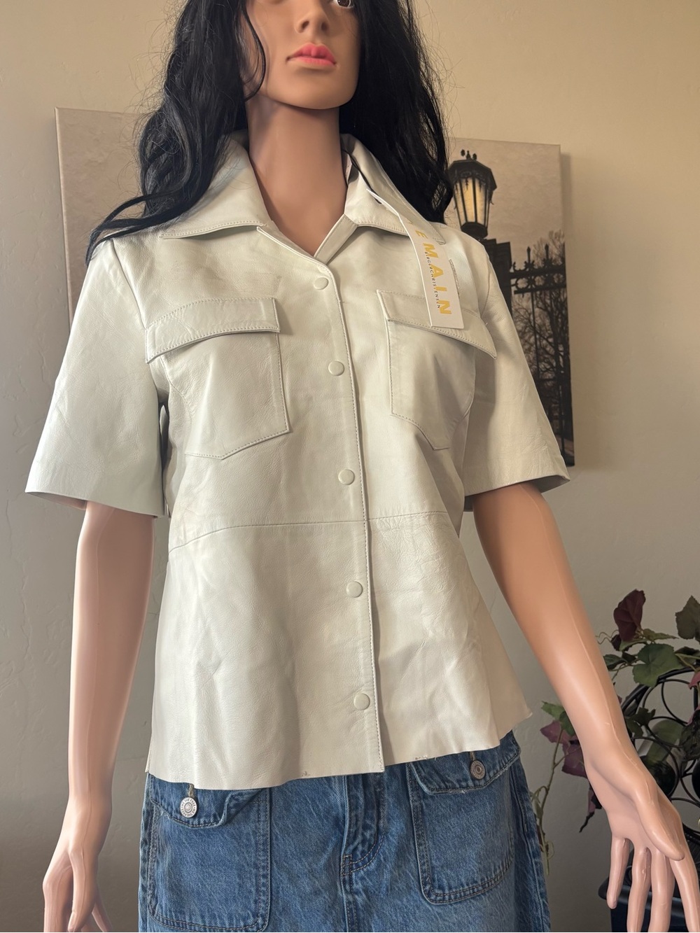 Remain Short-Sleeve Cream Button-Down Leather Shirt
